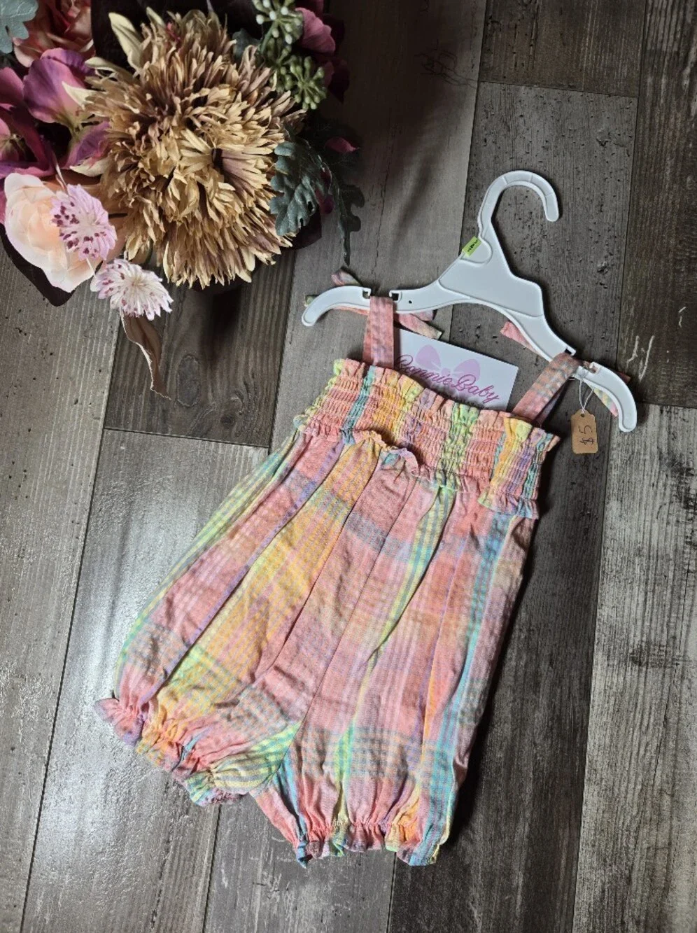 NWT Bonnie Baby Pastel Plaid Strawberry Bubble Romper 3–6M
